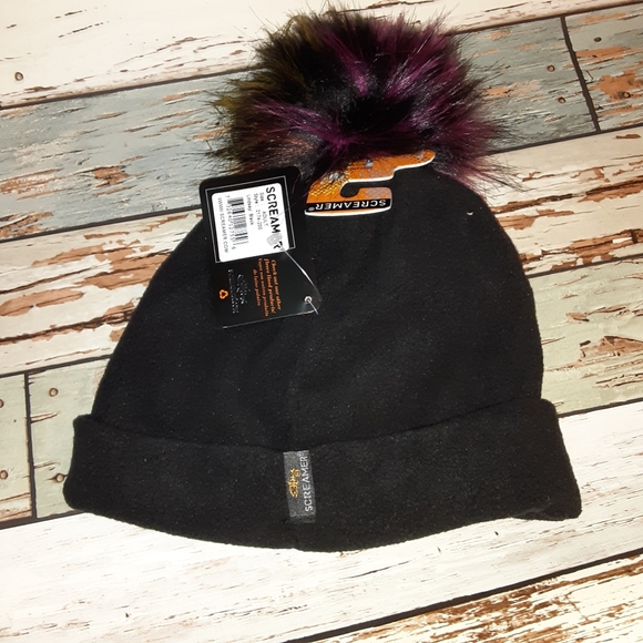 SCREAMER FLEECE HAT BLACK W/  MULTI COLORED POMPOM - Picture 7 of 7